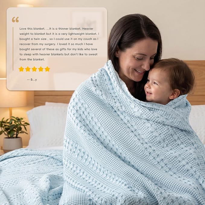 PHF 100% Cotton Waffle Weave Blanket Queen Size, Lightweight Breathable Summer Blanket for Hot Sleepers, Pre-Washed Soft Layer for Bed, Couch, Aesthetic Home Decor & Gift, 90"x90", Sky Blue