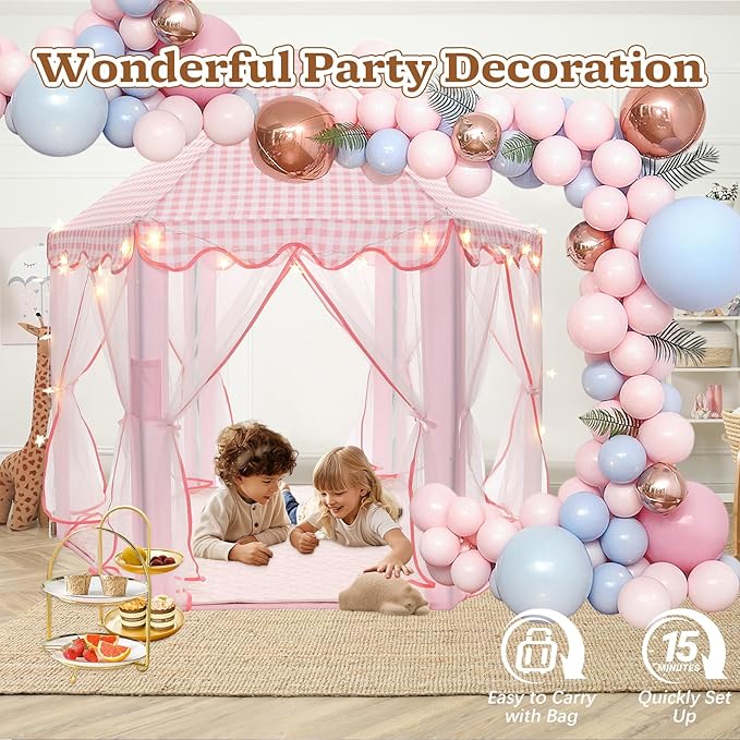 Princess Play Tent, Large Playhouse Castle Play Tent with Mat, Star String Toy, Indoor and Outdoor Games, for Children, Kids, Girls, Pink Plaid, 53" x 53" x 51", Pink