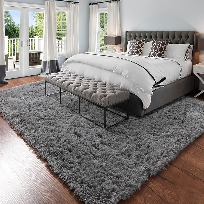 Amdrebio Grey Large Plush Shaggy Rug 6x9 for Living Room Bedroom Classroom | Fluffy Fuzzy Furry Carpet, Nursery Playroom Dorm Office Game Room Decor, Modern Neutral Aesthetic, Baby Kids Toddler Corner