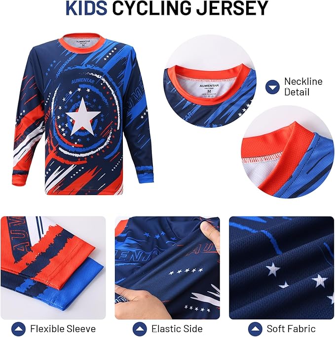 Kids Cycling Jersey Long Sleeve Dirt Bike Motocross Shirt, BMX Off-Road Racing Clothing