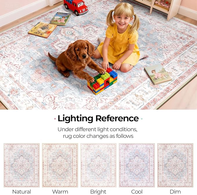 CAPALOCA 2x3 Washable Nursery Girls Low Pile Area Rug Pink Blue | Non-Slip Soft Rugs for Bedroom Kids Playroom Living Room, Print Pattern Water Repellent Carpet Indoor Decor