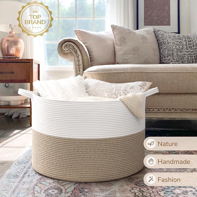 INDRESSME 115L Extra Large Woven Rope Blanket Basket Living Room LightBrown | 23.6" x 15.7" Storage baskets for toys laundry & pillows. Fits living room, bedroom or nursery décor. Soft-touch with handles