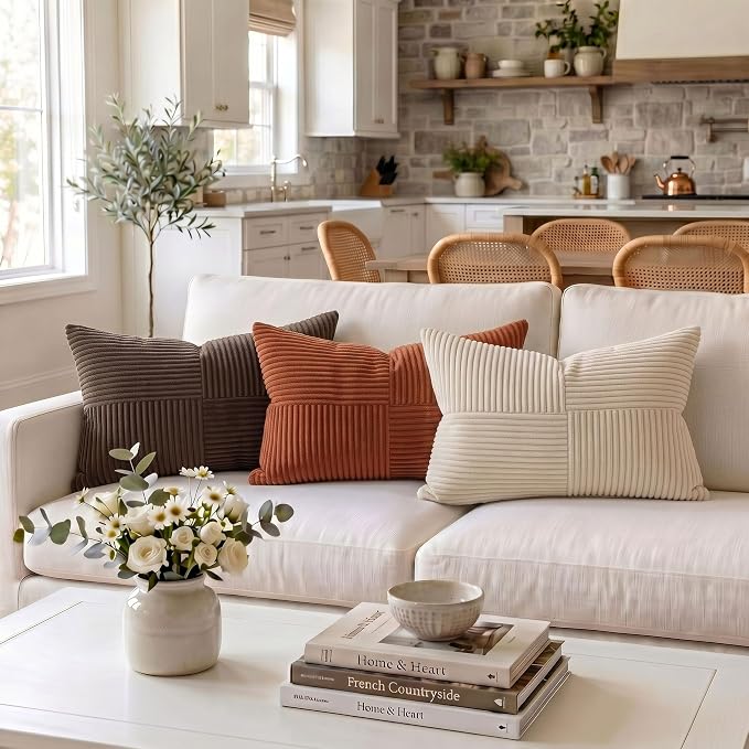 Fancy Homi 2 Packs Rust Long Lumbar Decorative Throw Pillow Covers 12x24 Inch for Couch Bed Sofa, Farmhouse Boho Home Decor, Soft Corduroy Patchwork Rectangle Terracotta Cushion Case 30x60 cm