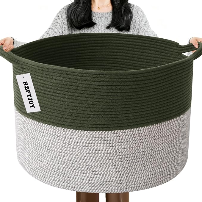 115L Extra Large Blanket Basket,Woven Laundry Basket-Green&White | Collapsible, reinforced handles, nursery storage bin organizes clothes, toys and pillows for living room, bedroom bathroom