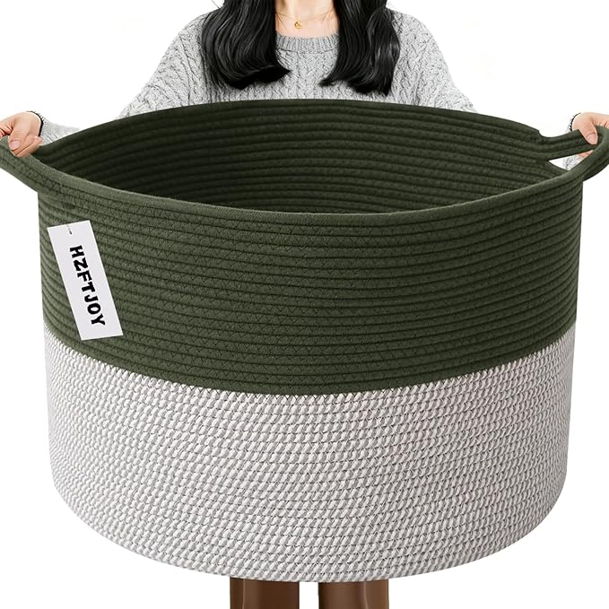 65L Large Blanket Basket,Woven Rope Laundry Basket-Green&White | Collapsible, reinforced handles, nursery storage bin organizes clothes, toys and pillows for living room, bedroom bathroom