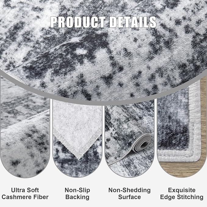 4x6 Area Rug Living Room Rug: Washable Modern Abstract Soft Thin Rug Indoor Floor No Slip Stain Resistant Carpet for Bedroom Dining Room Farmhouse Nursery Home Office - Dark-Black