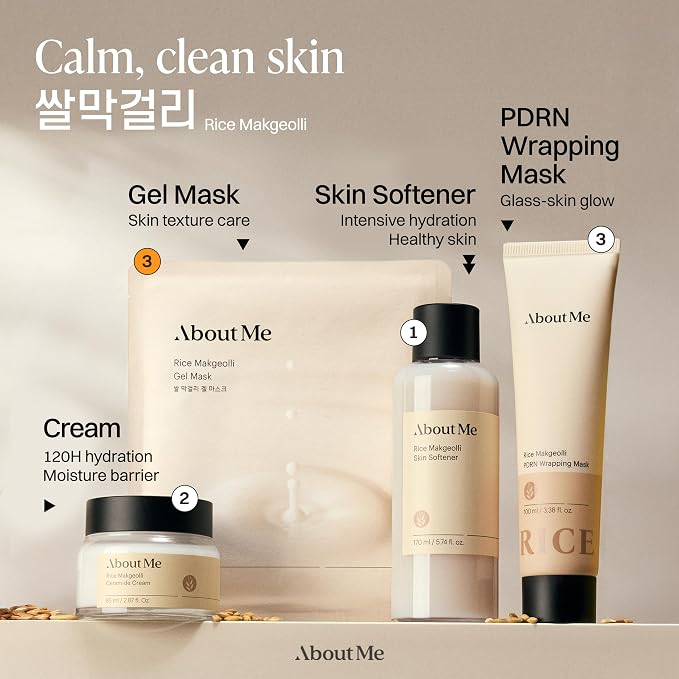 About Me Korean Rice Hydrogel Face Mask, Real Rice + Makgeolli, 5 Sheets | 13,000 ppm rice powder + galactomyces + niacinamide; non-drip 30-minute jelly fit; vegan, fragrance-free; glass-skin glow