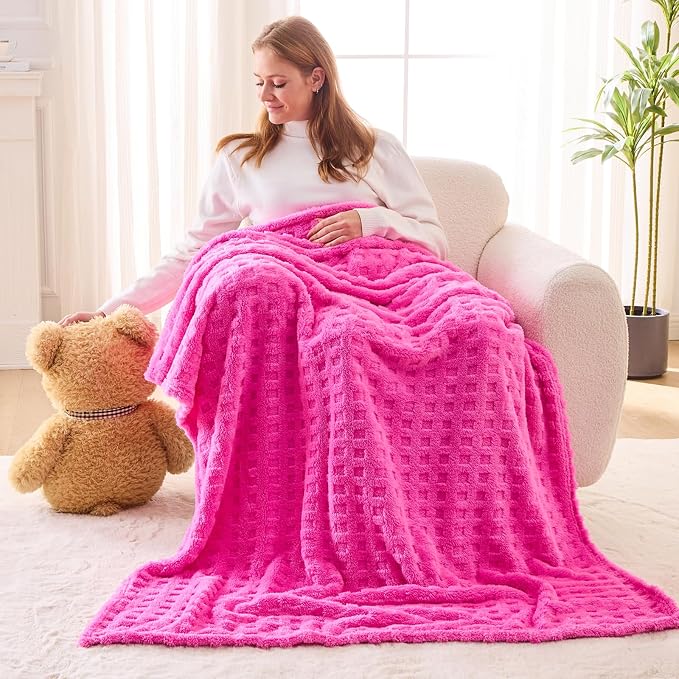 NEWCOSPLAY 3D Waffle Checkered Flannel Throw Blanket, Hot Pink, 50"x70" | Super Soft Cute Lightweight Decorative Premium Silky Fleece Blanket for Couch Sofa Bed, Gift for Women Men, All Season Use