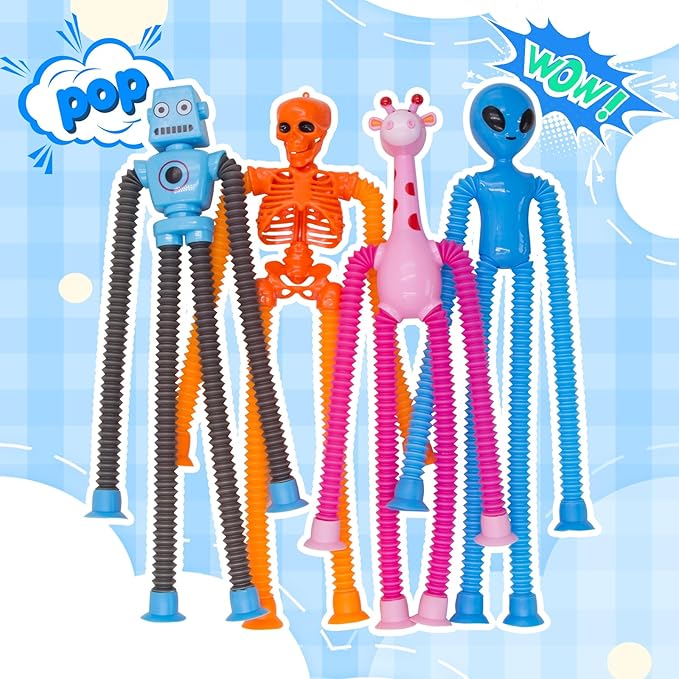 Pop Tubes Skeleton Fidget Toys for Kids, 8Pack Robot Fidget Pop Toys Telescopic Suction Cup Toy for Stress and Anxiety Relief, Stocking Stuffers Gift for Kids and Toddlers (8 Pack Multi-Items)