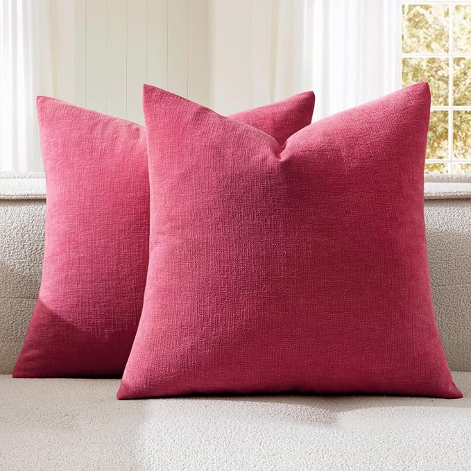 MIULEE Hot Pink Red Chenille Couch Throw Pillow Covers, 18x18 | Set of 2, Soft Farmhouse Modern Home Decor, Decorative Pillowcases for Sofa Living Room Bed
