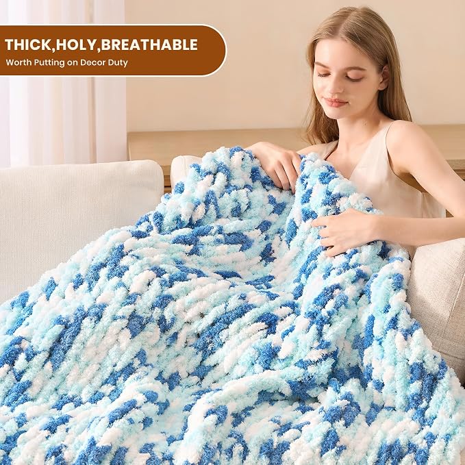 L'AGRATY Chunky Knit Throw Blanket for Couch, 60 x 80 Inches, Blue White | Handmade Chenille Crochet Blanket for Sofa Bed, Thick Cable Knitted Blankets for Room Home Decor, Birthday Gift for Women Mom