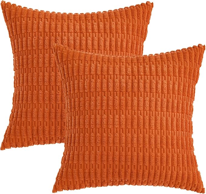 MIULEE Fall Corduroy Decorative Throw Pillow Covers 20x20 Orange Pack of 2 | Soft Boho Striped Pillow Covers Modern Farmhouse Autumn Home Decor For Sofa Living Room Couch Bed