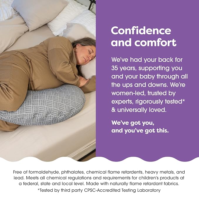 Boppy Cuddle Pregnancy Pillow - Compact Ergonomic Maternity Pillow, Versatile Support, Great Side Sleeper Pillow, Washable, with Cooling Rayon Cover - Gray Basket Weave