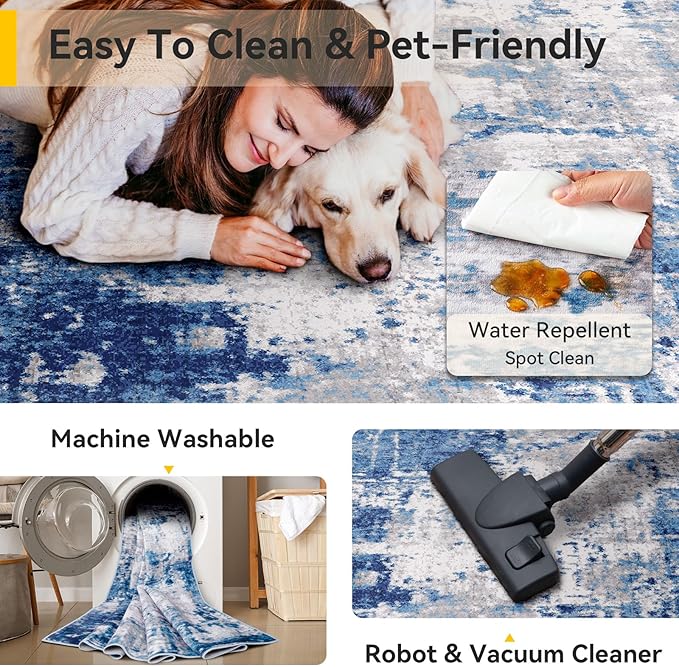RELEANY Washable 4'x6' Abstract Area Rug for Living Room Blue Gray | carpet for bedroom, kitchen, office, hallway and entryway, printed pattern, non-slip, soft, stain-resistant, easy to clean