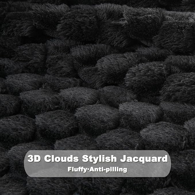 NEWCOSPLAY Super Soft Queen Blanket Black Premium Silky Flannel Fleece 3D Clouds Stylish Jacquard Lightweight Bed Blanket All Season Use 350GSM (Black, Queen(90"x90"))