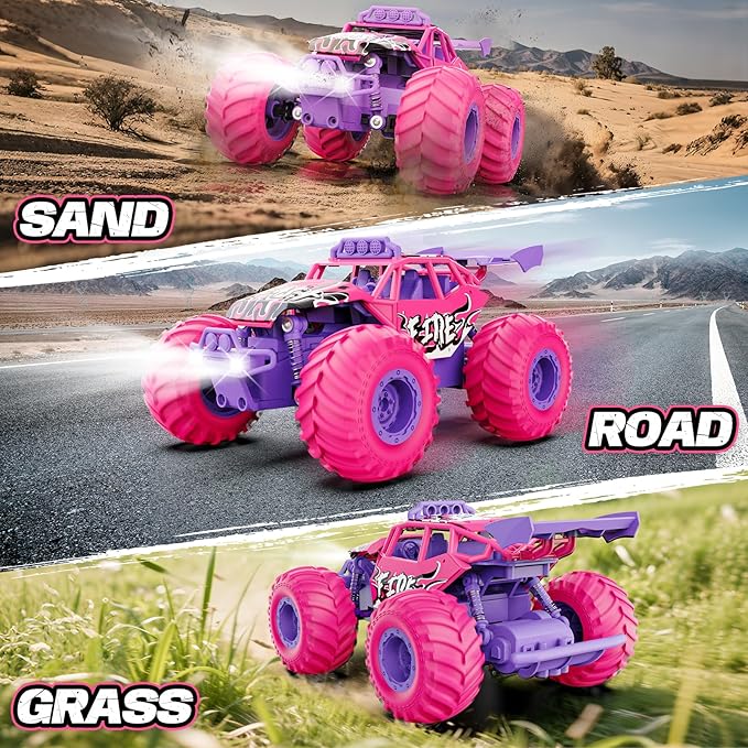 Remote Control Car, All Terrain RC Cars with Speed Switch RC Truck with LED Headlight and Rechargeable Batteries, 20KM/H Monster Truck Toys Gift for Girls Age 6-8 8-12, Pink