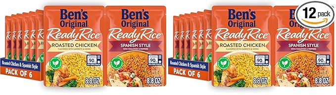 BEN'S ORIGINAL Ready Rice Roasted Chicken and Spanish Style Flavored Rice Variety Pack,Easy Dinner Sides,8.8 OZ Pouch,(Pack of 12)