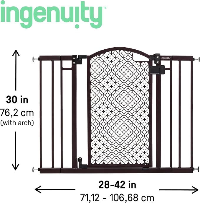 Ingenuity Decorative Panel Tall Baby Gate & Dog Gate, 28"-42" Wide, 30" Tall, Hardware or Pressure Mounted, Install on Top or Bottom of Stairs, Banister, or Doorway - Espresso