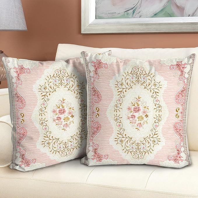 Boho Floral Throw Pillow Covers 16x16 inch Set of 2,Pink Boho Rug Geometric Floral Pattern Decor Double Sided Pattern Cushion Cover Soft Pillow Case Living Sofa Room Bed Square Pillow Cover