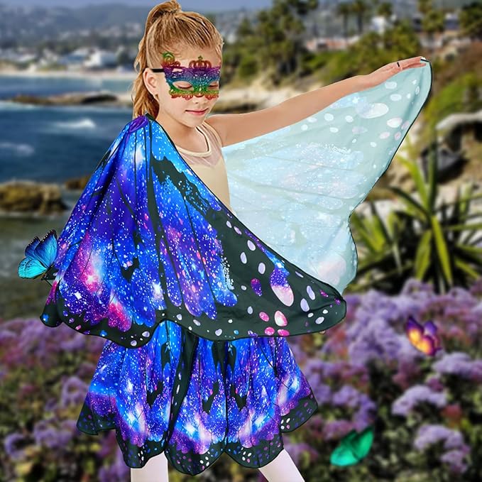 Kids Butterfly Wings Costume for Girls Fairy-Wings Toddler Dress Up Play Costumes Butterfly Skirt Set Mask Party Favors Gifts（starsky blue）