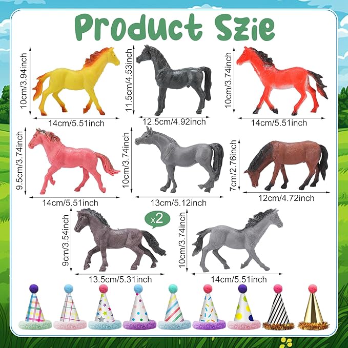 18 Pcs Horse Birthday Party Decorations Mini Birthday Hat Animal Figure Model Cake Toppers with Mini Hat for Birthday Party, Animals Themed Party