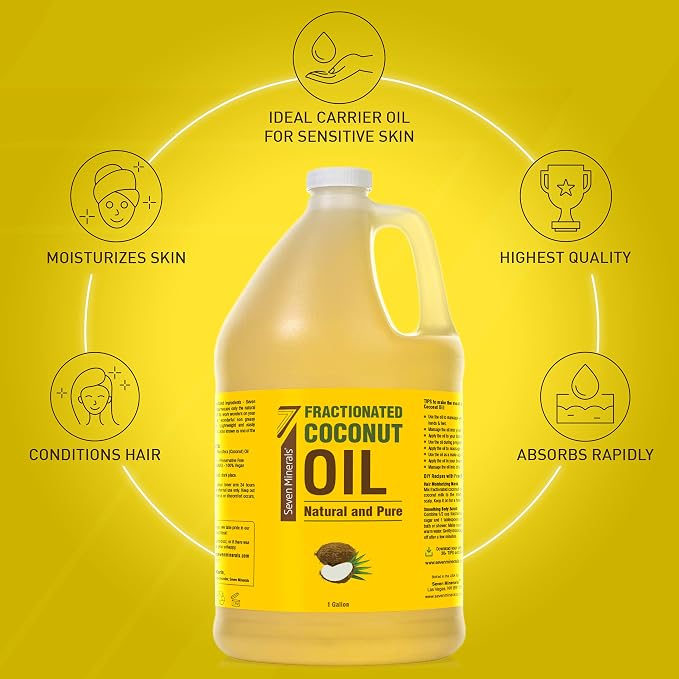 Seven Minerals Pure Fractionated Coconut Oil - 1 Gallon - Non-GMO, 100% Natural, Lightweight Massage Oil for Therapy on Skin, Hair, More - Perfect Bulk Carrier Oil for Essential Oils (128 fl oz)