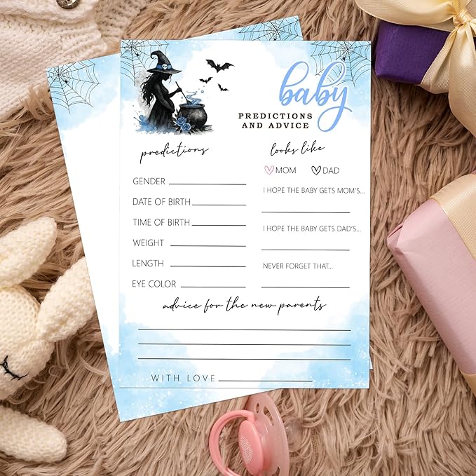 Hilarious Baby Shower Games, 25 Sets Halloween Baby Predictions, Blue Witch Gender Reveal Game Cards for Party Announcement Supplies - B02