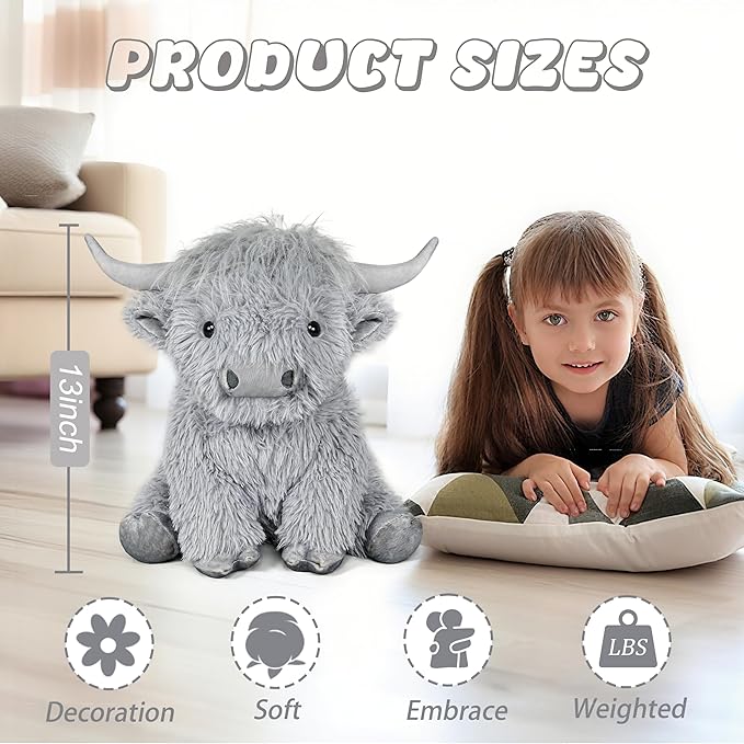 Highland Cow Weighted Stuffed Animals, 4 Lbs Grey Highland Cow Plush 13.7 Inches, Surprise Weighted Stuffed Animals Gift for Kids Birthdays, Halloween, Christmas (Grey)