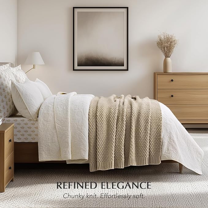 EVERGRACEHOME Chunky Chenille Knit Throw Blanket, 50 x 60, Sand Dune | Sculpted Moss Stitch, Chic Modern Farmhouse, All-Season Warmth, OEKO-TEX® Certified, Elegant Blanket for Couch, Bed, Sofa