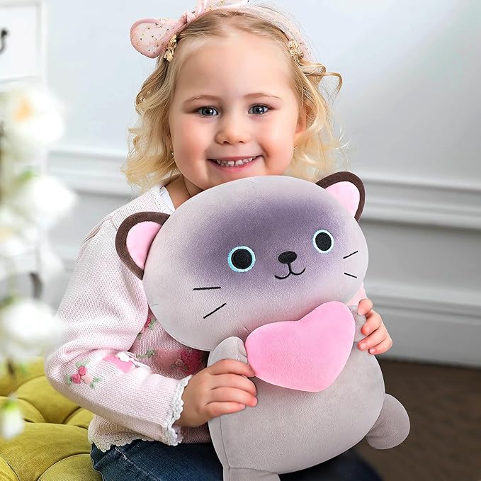 Achwishap Cat Stuffed Animal,Siamese Cat Plush with Love Heart,14” Siamese Cats Plush Toys,Cute Plushies Soft Cats Plushy Kawaii Plushie Huggging Pillow,Cuddly Animal Body Pillow for Kids Adults(Gray)