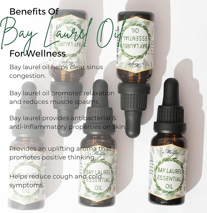 Merja Bay Laurel Essential Oil, Natural, 0.68 fl oz, for Face Hair Body and Aromatherapy, Pack of 2