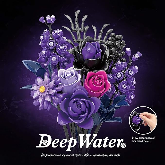 Purple Rose Bouquet Building Set, Compatible with Lego Flowers for Adults - Gift for Halloween, Gothic Retro Artificial Flowers Botanical Collection Home Decor