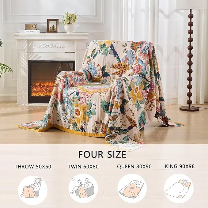 Boho Throw Blanket Farmhouse Decor Throw Blanket Bohemian Blanket for Bed 100% Cotton Muslin Woven Couch Blanket All Seasons Quilt Bedroom (C-Beige, 50"x60")