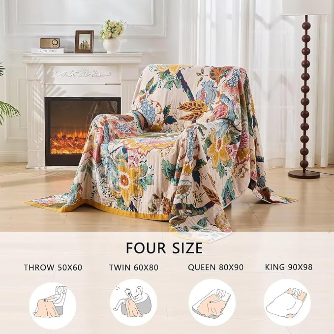 Boho Throw Blanket Farmhouse Decor Throw Blanket Bohemian Blanket for Bed 100% Cotton Muslin Woven Couch Blanket All Seasons Quilt Bedroom (C-Beige, 90"x98")
