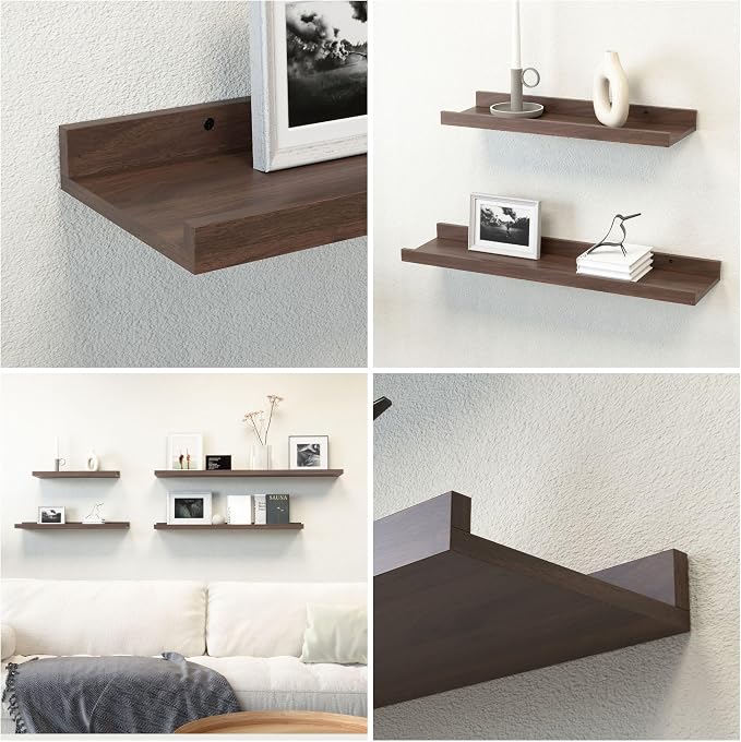 Boswillon Floating Shelves Set of 2, Small Wall Shelf with Lip, 16in, Walnu | Display Ledge Shelf for Room Wall, Wall Decor Shelves for Bathroom, Living Room, Bedroom, Kitchen, Nursery Room, Rustic, Wood