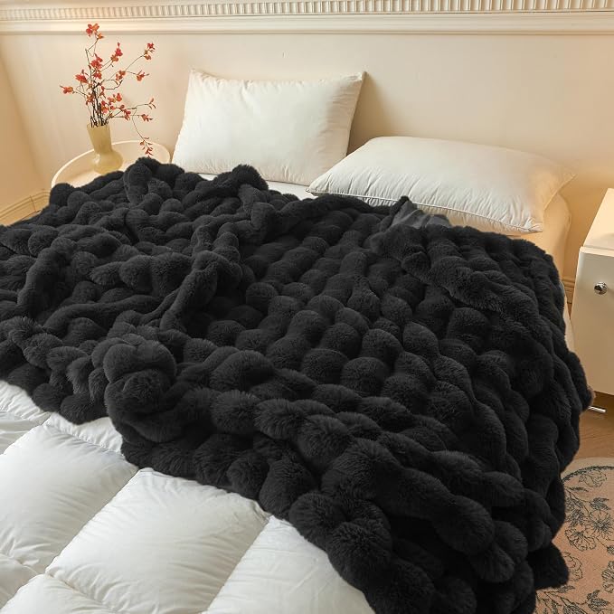 LIFEREVO Luxury Fluffy Faux Rabbit Fur Throw Blanket 60x80, Black | Plush Fuzzy Bubble Lap Throw for Couch Sofa Office, Soft Cozy Furry Bed Blanket Home Decoration, Washable & Skin-friendly