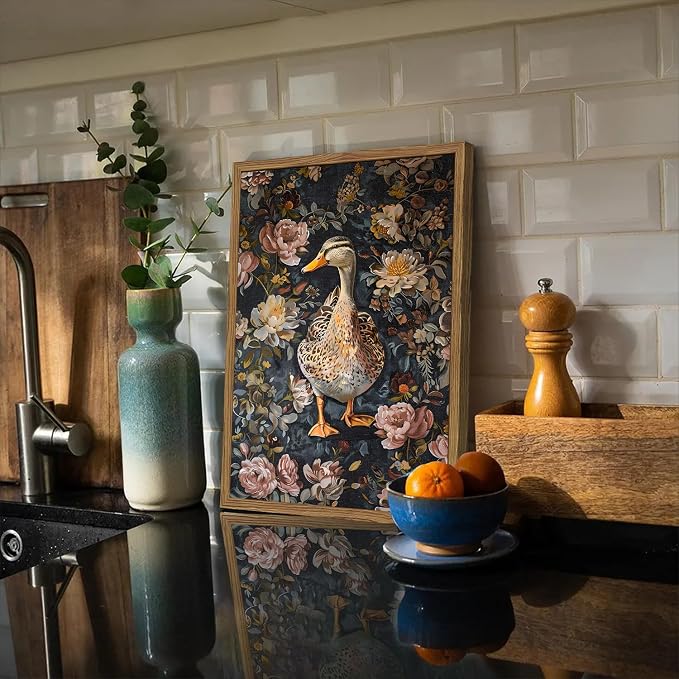 Vintage Mallard Duck Wall Art, Whimsical Dark Cottagecore Duck Wall Decor Painting Moody Animal and Botanical Poster Canvas Print for Living Room Bedroom 12x16 inch Wood Framed