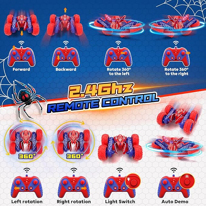 Spider Remote Control Cars for Boys 4-7, 360° Spinning RC Stunt Car with 2 Batteries Cool Lights Toys Birthday Gift for Boys 4 5 6 7 8 9 10 11 12 Year Old