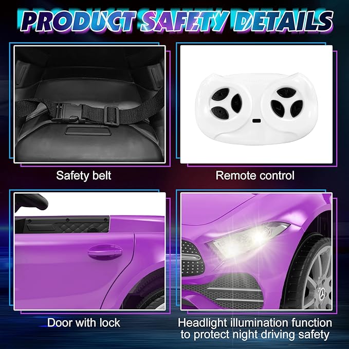12V Kids Ride On Car with 2.4G Remote Control,Battery Powered Electric Car Ride On Vehicle Double Doors, Safety Belt,LED Light (SC-Purple)