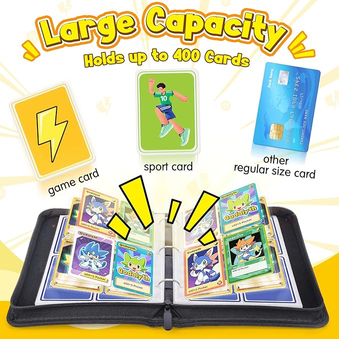 Card Binder – 4 Pocket Zipper Collection Album, Premium PU Holder, Double-Sided Display for 400 Cards, Includes 5 Hard Plastic Sleeves for Game Cards, Sports Cards（Lightning）