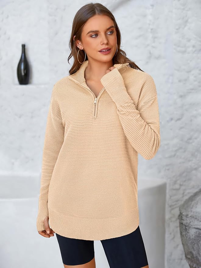 PRETTYGARDEN Womens Long Sleeve Quarter Zip Pullover Sweater Casual Loose V Neck Collared Ribbed Knit Jumper Tops Thumb Hole