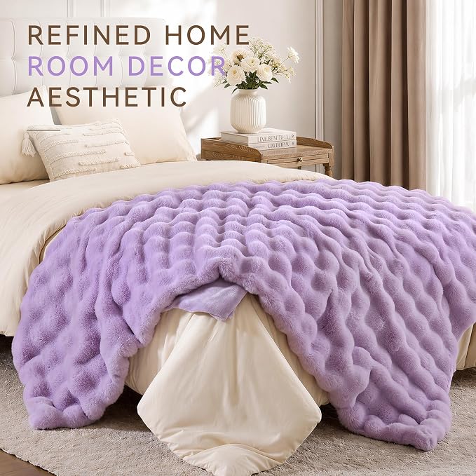 Faux Fur Throw for Couch - Light Purple Bubble Blanket 50"x60" | Fluffy Plush Fuzzy Throw for Sofa & Bed, Super Soft Cozy Comfrt Blanket, Luxury Aesthetic Purple Decor Gift for Women