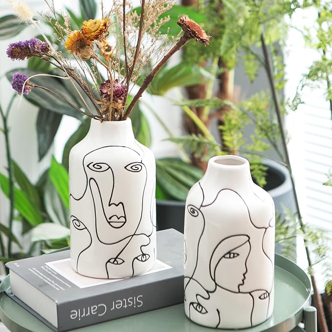 Kimdio Ceramic Vase Set, 2pcs White Abstract Irregular Design Flower Vases, Modern Home Decor Living Room Decor Minimalist Decorative Vase for Pampas Grass
