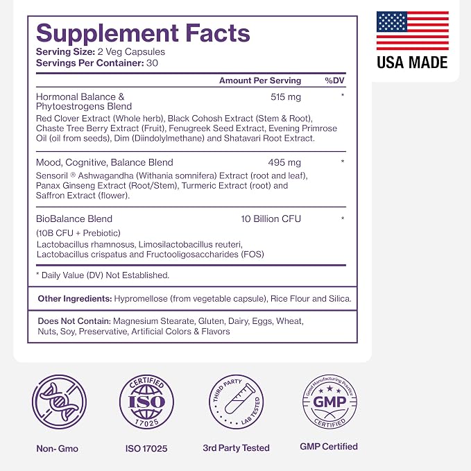 Menopause Supplements for Women, Hot Flashes & Night Sweats, 60 Count | Sensoril Ashwagandha, DIM, chaste berry & black cohosh support natural hormone balance, sleep & mood