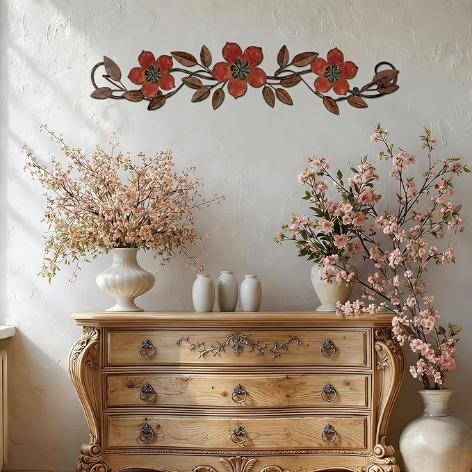 Wesiti Metal Flower Wall Decor Vintage Metal Flower Wrought Iron Scroll Sculpture 15.7''x3.7'' Not 3D, Flat Farmhouse Leaf Wall Decor with Nails for Summer Bedroom Kitchen Indoor Outdoor(Red)