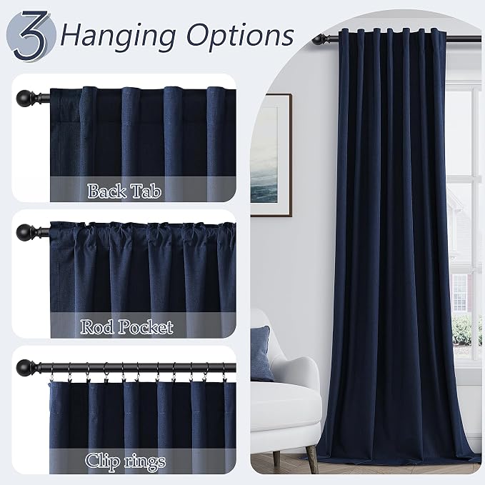 Guken Navy Blue 100% Blackout Curtains 90 Inch Length 2 Panels Set for Living Room Bedroom Back Tab Thermal Insulated Black Out Linen Drapes Room Darkening Window Curtains 90 Inches Long