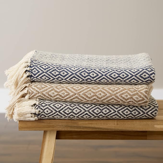 DII Rustic Farmhouse Double Diamond Woven Throw,Stone, 50x60 (Pack of 12)