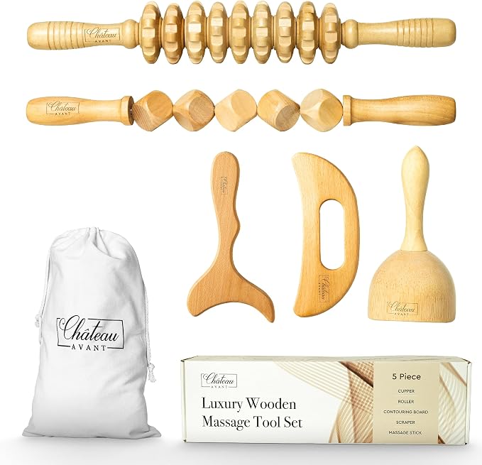 Château Avant 5Pcs Lymphatic Drainage Massager Cellulite Massage Tool – Luxury Wood Therapy Massage Tools Cupping Therapy Set Includes Cupper, Rollers, Contouring Board, Scraper – Tool Kit for Home