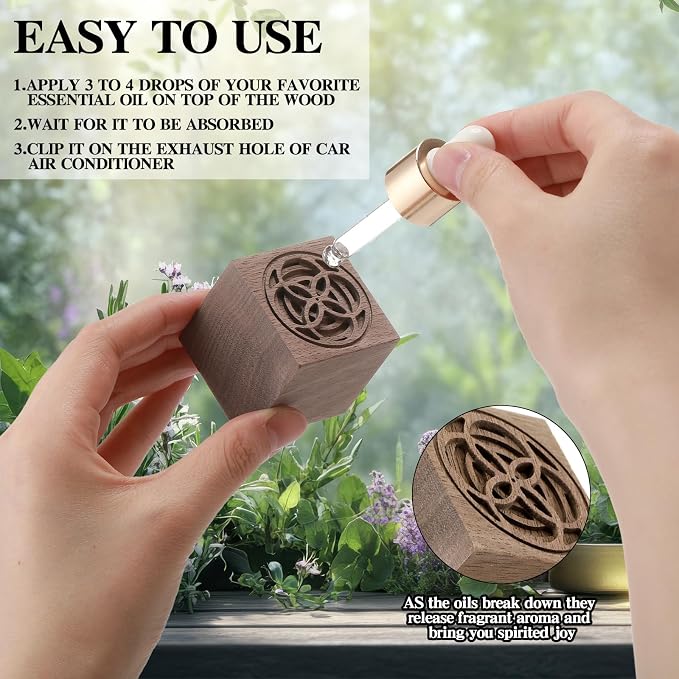 Leinuosen 4 Pcs Wooden Essential Oil Diffuser Square Diffuser Wooden Grain Portable Air Freshener for Car Aromatherapy Home Offices Yoga Sauna Rooms Spa Centers
