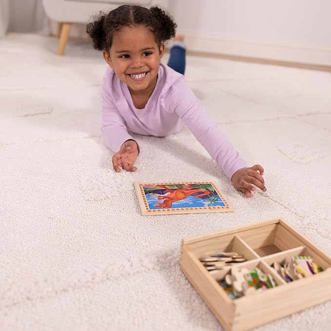 Melissa & Doug 4‑in‑1 Wooden Dinosaur Jigsaw Puzzle Set, 48 Pieces with Storage Box, Toddler Puzzle Toy for Kids Ages 3+ - FSC Certified